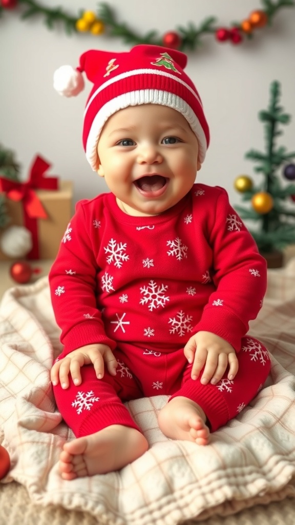A 6-month-old baby in a red Christmas onesie with snowflakes, sitting on a blanket with holiday decorations.